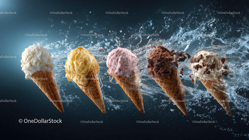 Colorful Ice Cream Scoops in Waffle Cones Splashing Water Stock Photo Bundle preview 12