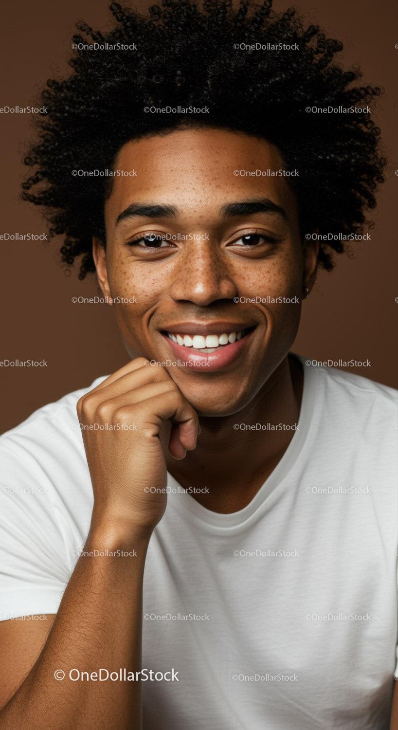 Close-up Portrait of Smiling Young Man with Curly Hair in Casual T-shirt