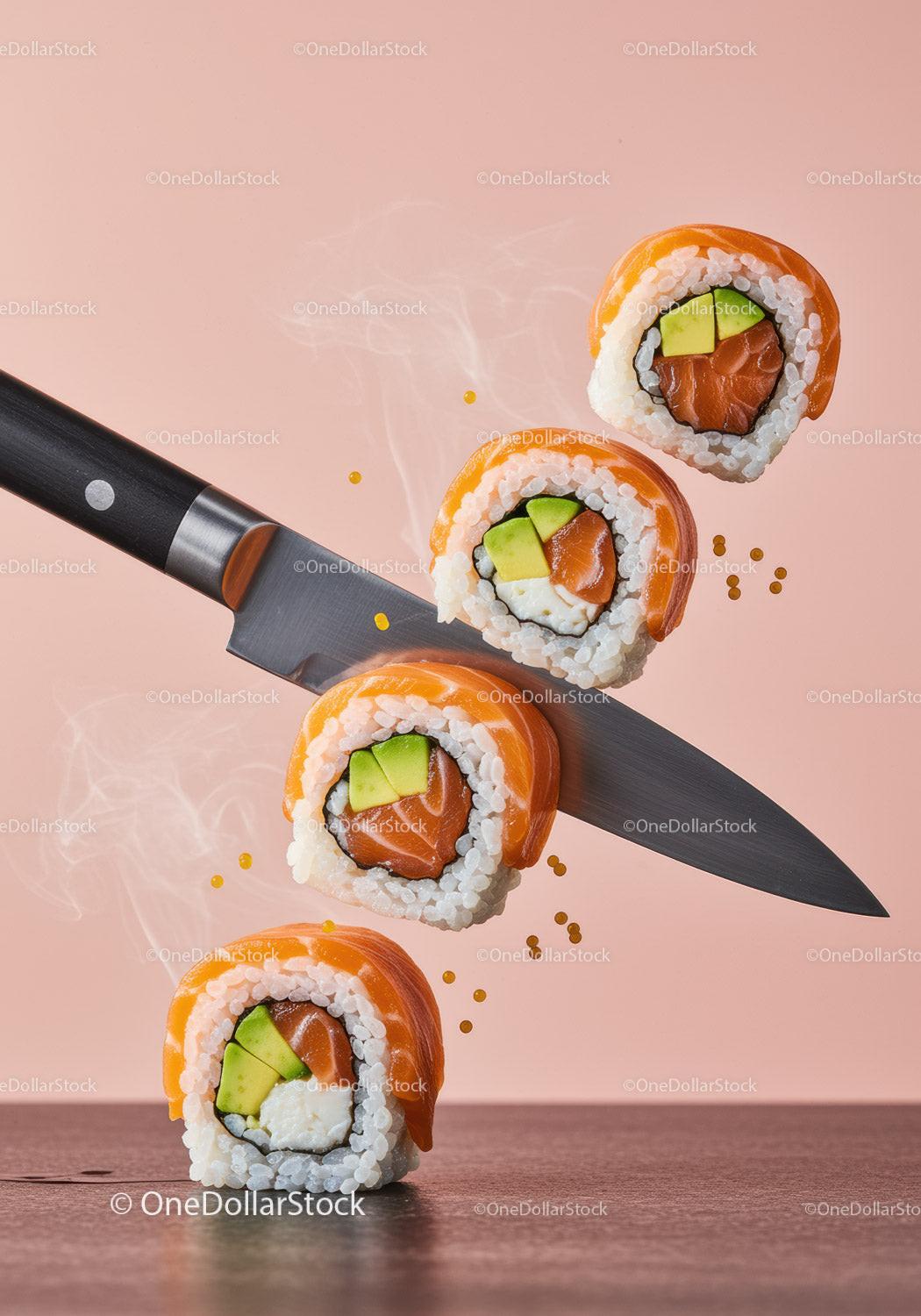 Fresh sushi rolls balanced on sharp kitchen knife blade