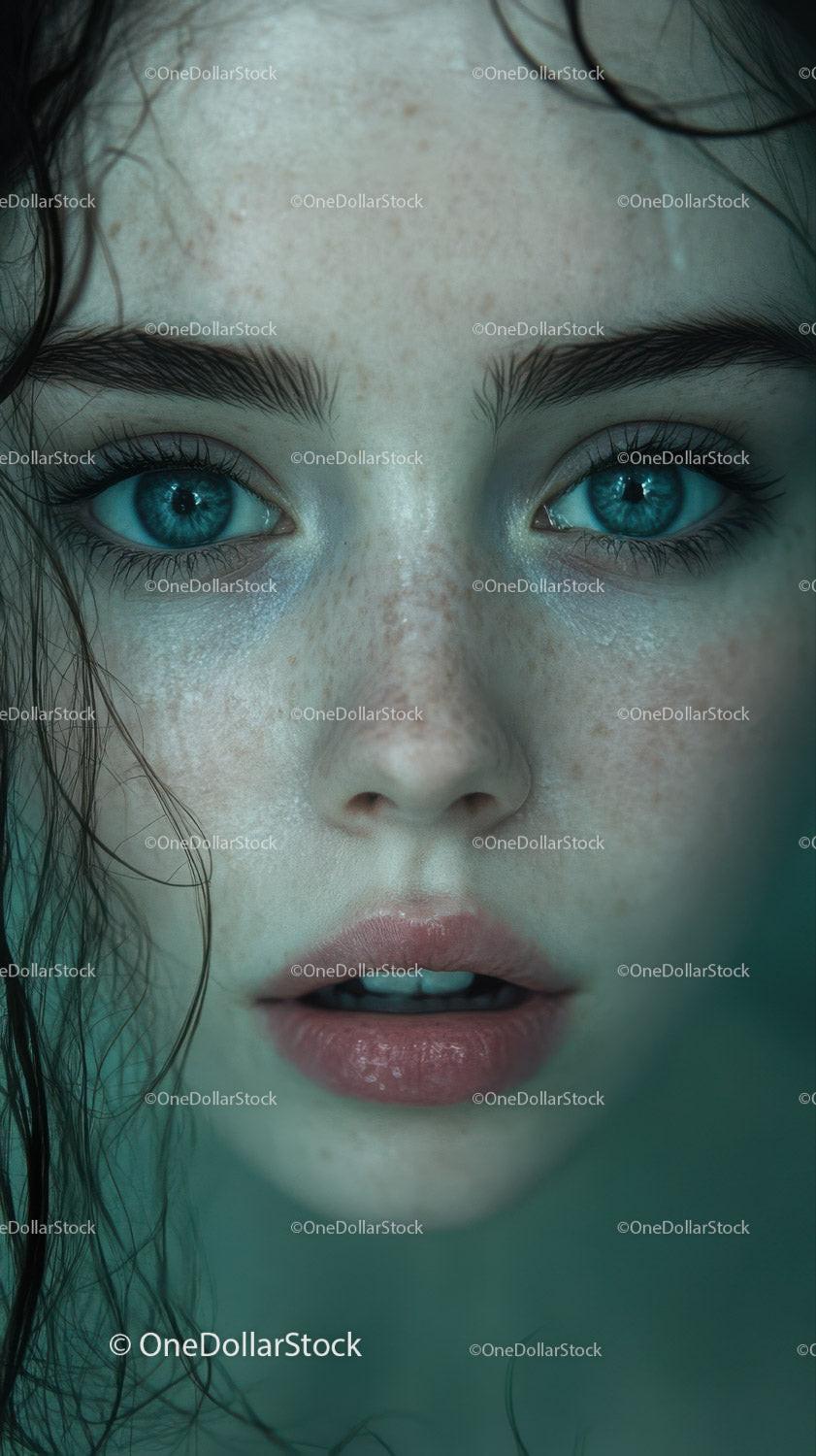 Close-up of young woman's face with blue eyes and freckles