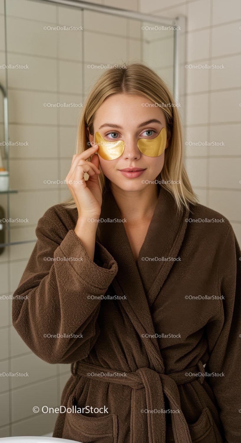 Woman with Gold Eye Patches Applying Skincare Facial Treatment