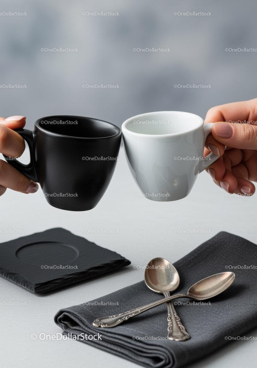Elegant Black and White Ceramic Coffee Mugs Holding Hands