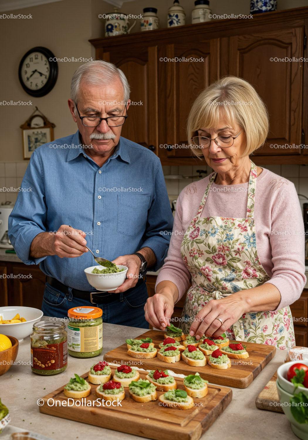 Older couple preparing fresh appetizers in cozy kitchen