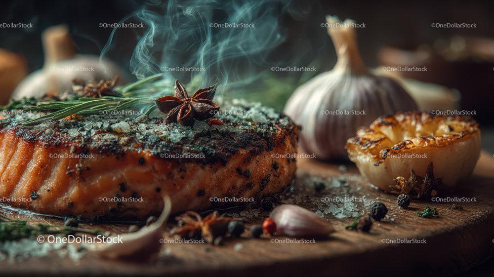 Gourmet Grilled Salmon with Herbs and Roasted Onion on Wooden Board