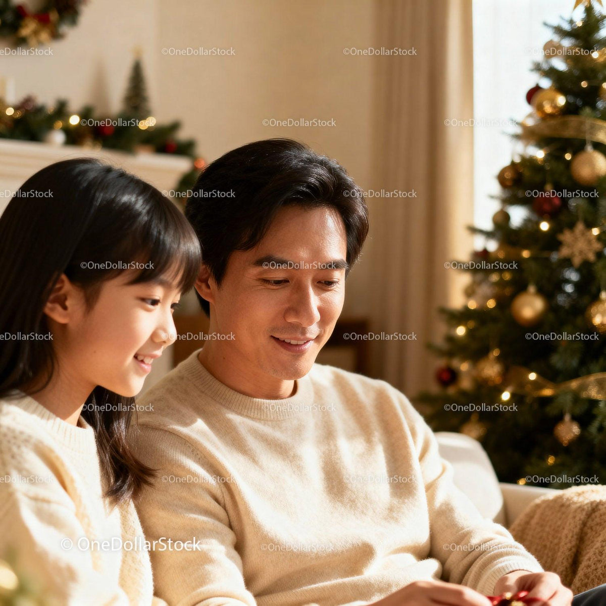 Father and daughter enjoying cozy Christmas moment at home