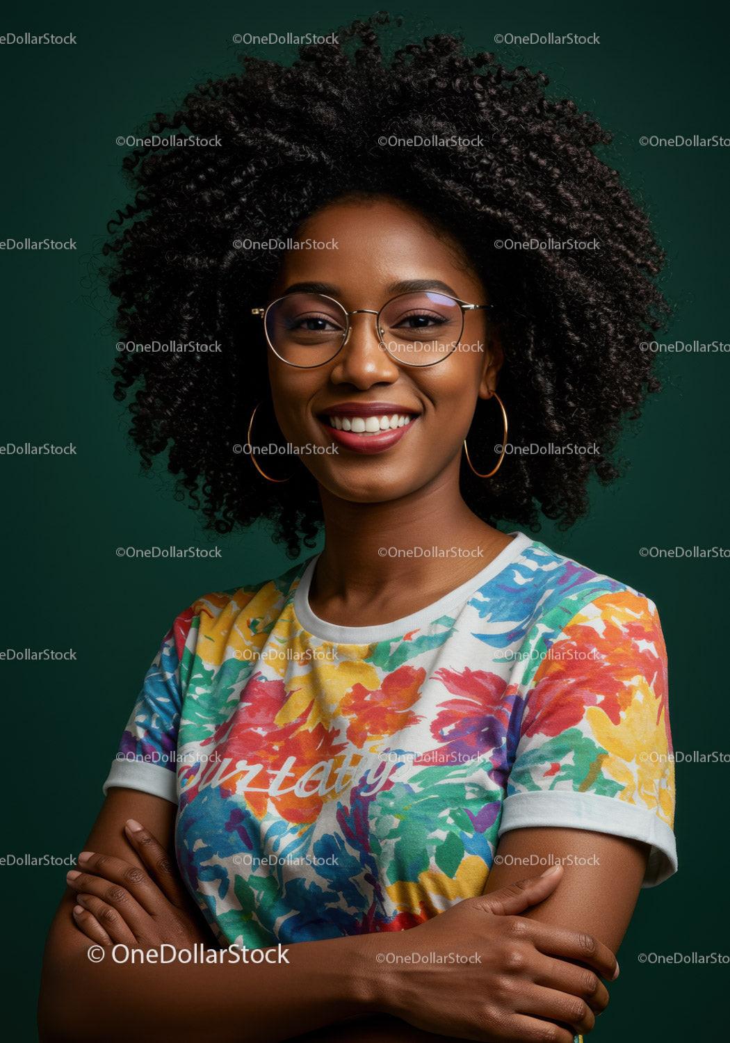 Smiling Woman with Curly Hair Wearing Colorful Shirt in Studio