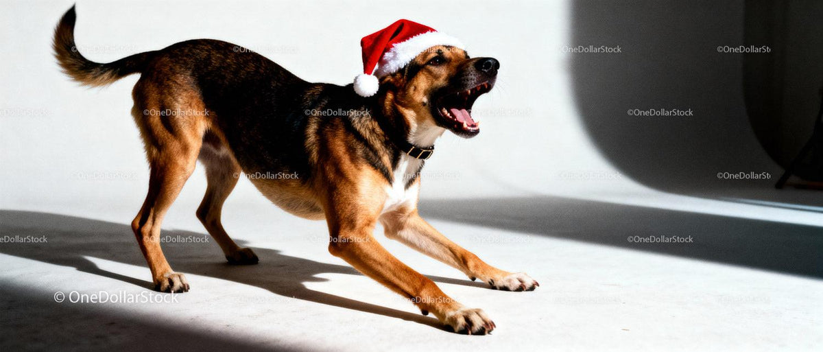Dog Wearing Santa Hat Stretching on White Background