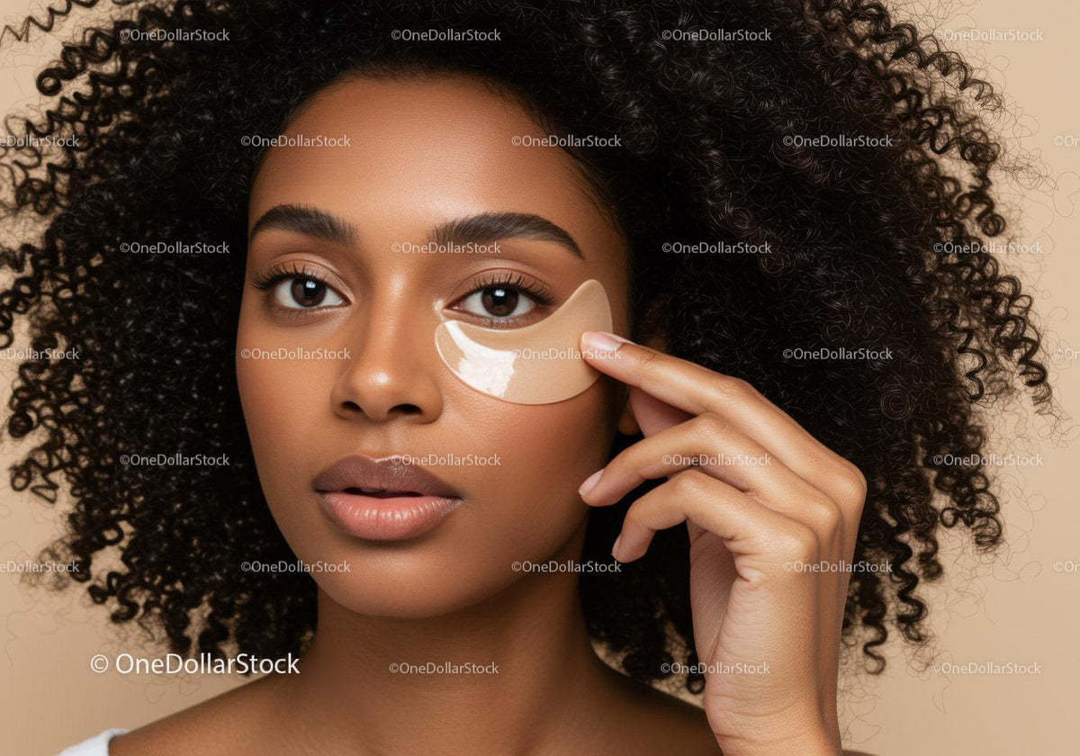 Woman with Curly Hair Applying Under-Eye Gel Mask for Skincare