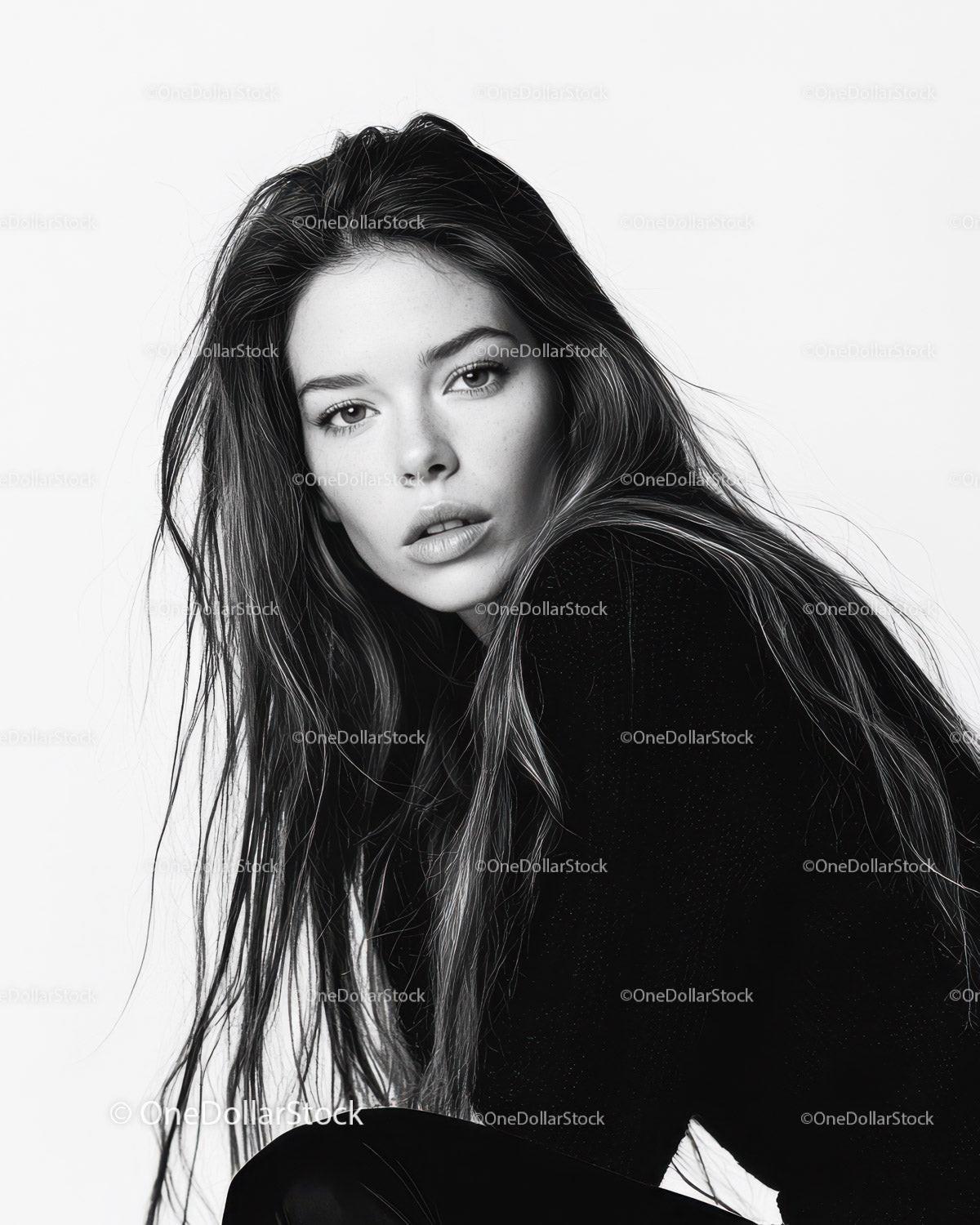 Elegant Black and White Portrait of a Young Woman with Long Hair
