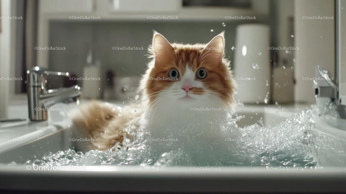 Fluffy orange and white cat sitting in bathtub with water splashing around