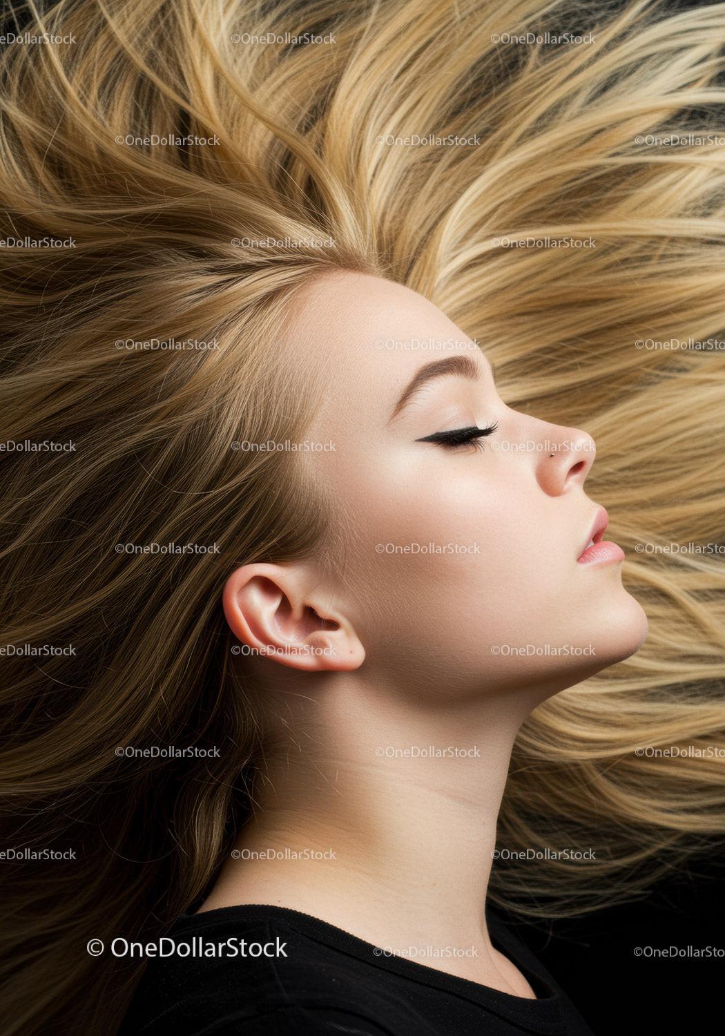 Blonde woman with flowing hair and serene expression