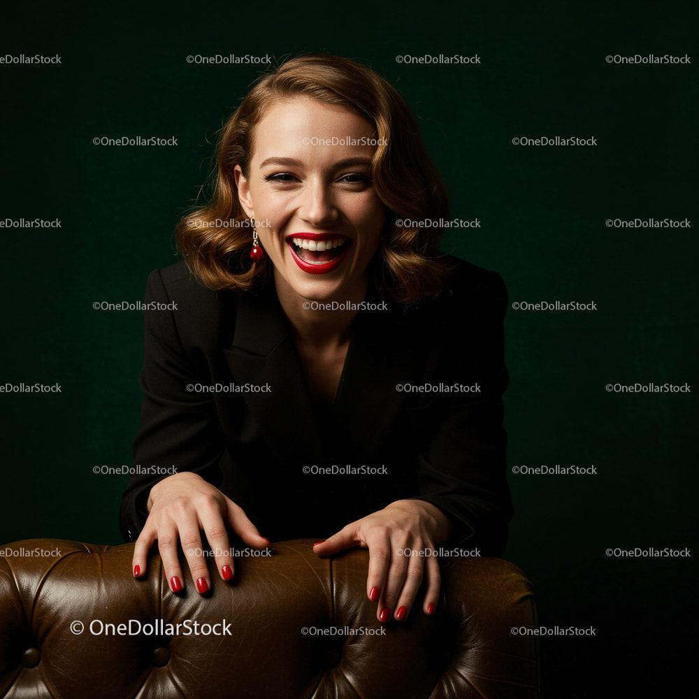 Confident Smiling Woman in Stylish Attire Sitting on Leather Sofa Stock Photo Bundle preview 19