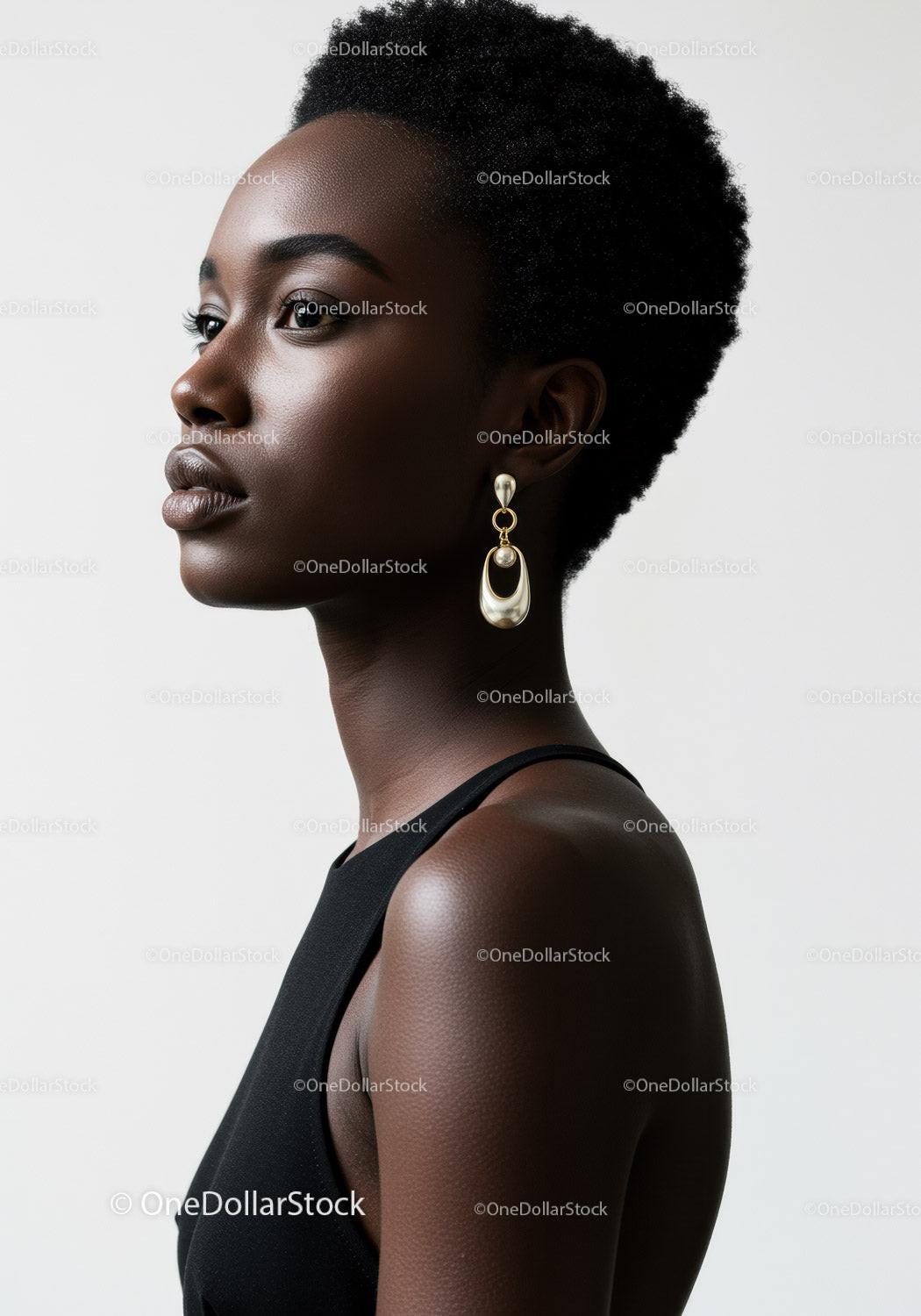 Elegant Black Woman in Pearl Earrings Wearing Stylish Black Dress