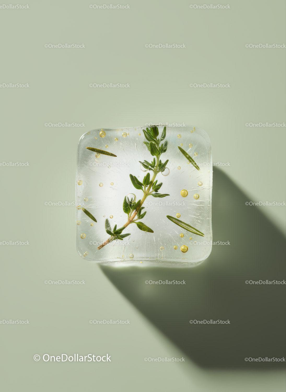 Herb and Oil Frozen in Clear Ice Cube on Green Background