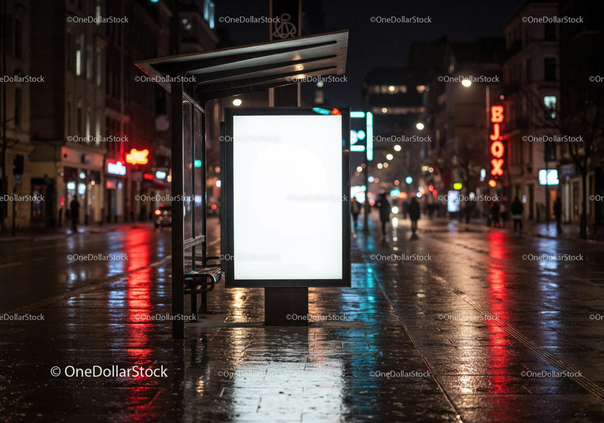 Nighttime Urban Street with Illuminated Billboard and Neon Signs JPG Mockup Image preview