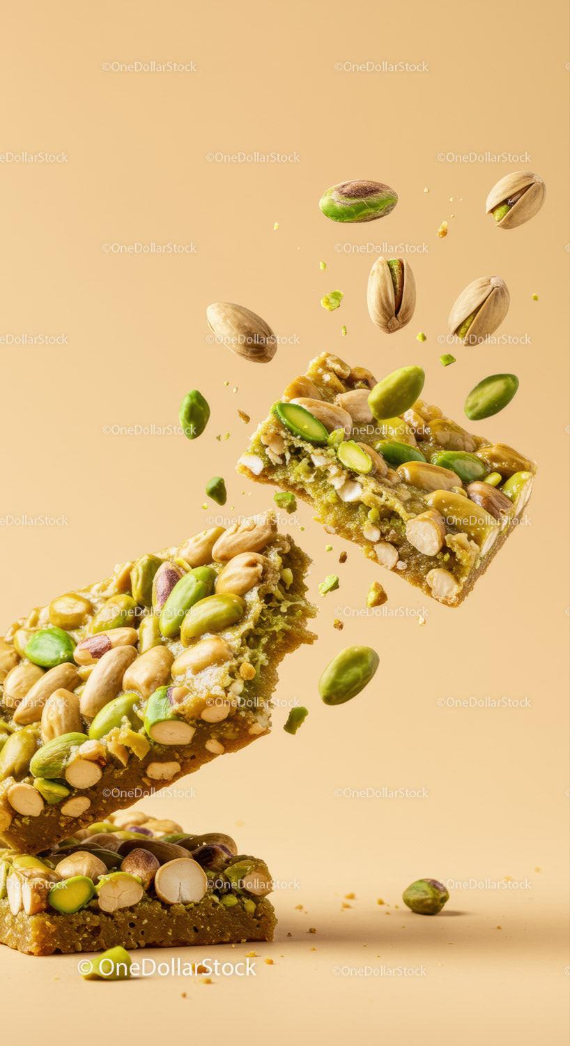 Nut and pistachio brittle breaking with flying nuts