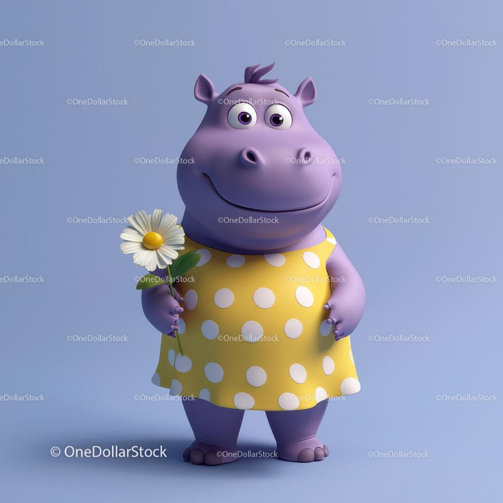 Cute Cartoon Hippo Holding Sunflower in Yellow Dress for Kids Illustration Stock Photo Bundle preview 44