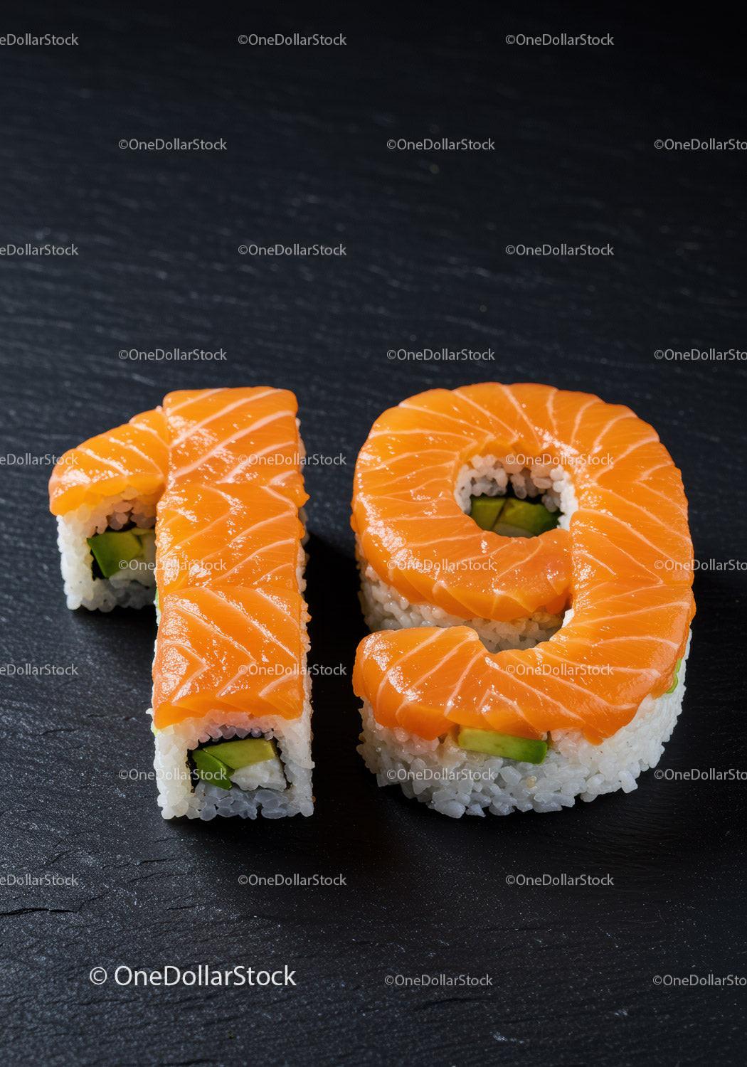 Salmon sushi rolls shaped as number nineteen on black surface