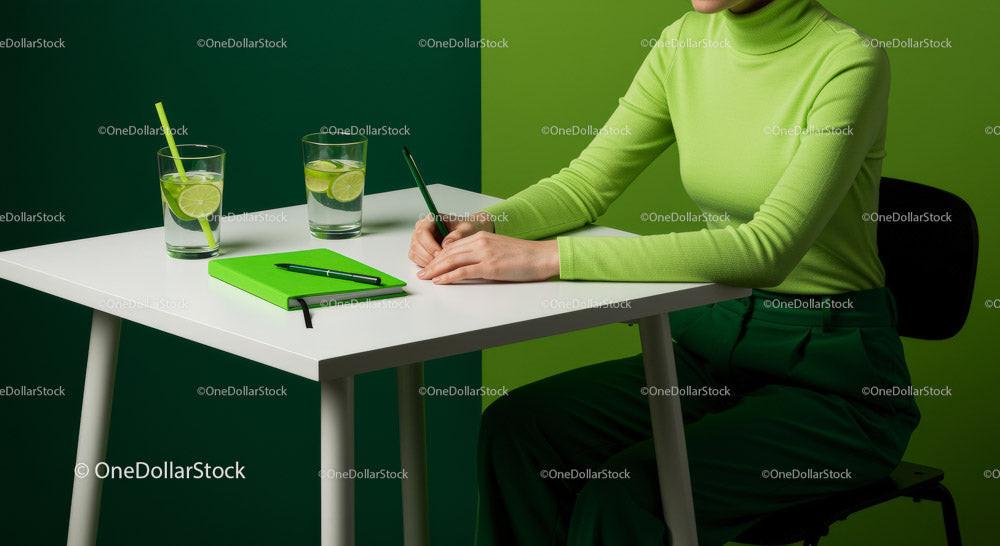 Stylish Woman in Green with Refreshing Drink in Modern Workspace Stock Photo Bundle preview 13