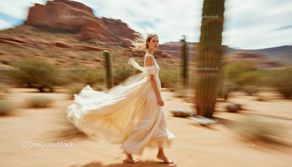 Elegant Woman in Flowing Dress Moving Through Desert Landscape Stock Photo Bundle creative preview 4