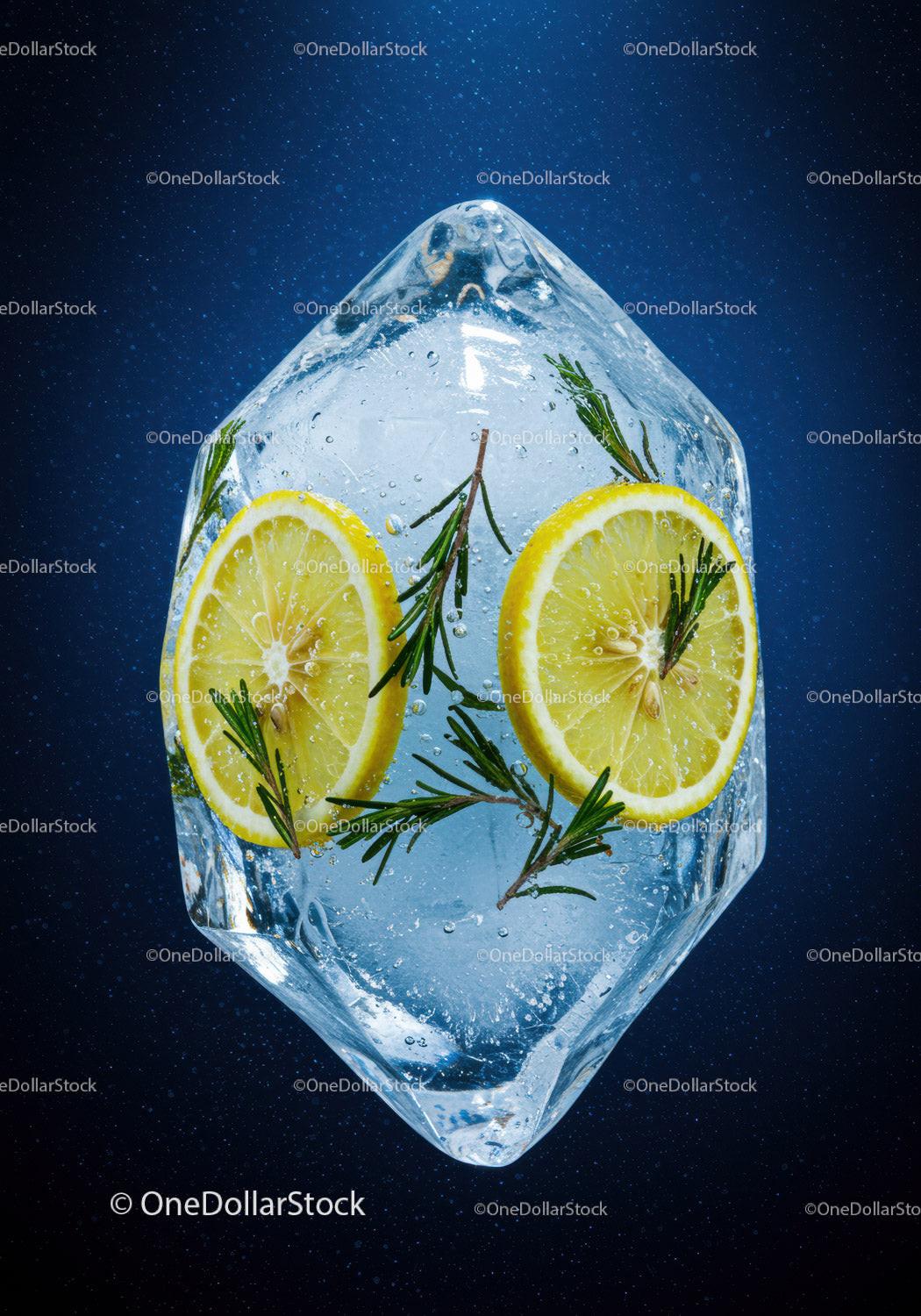 Fresh Lemon Slices and Rosemary Frozen in Ice Cube