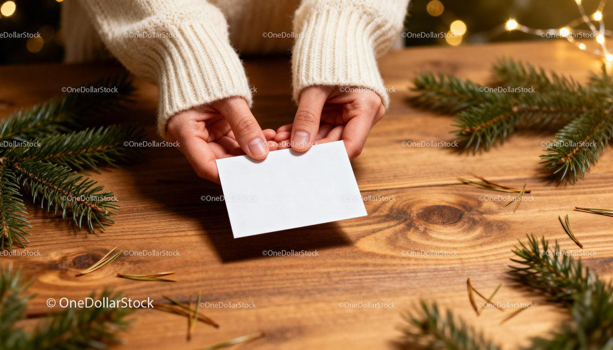 Hands holding blank card on wooden table with pine branches JPG Mockup Image preview