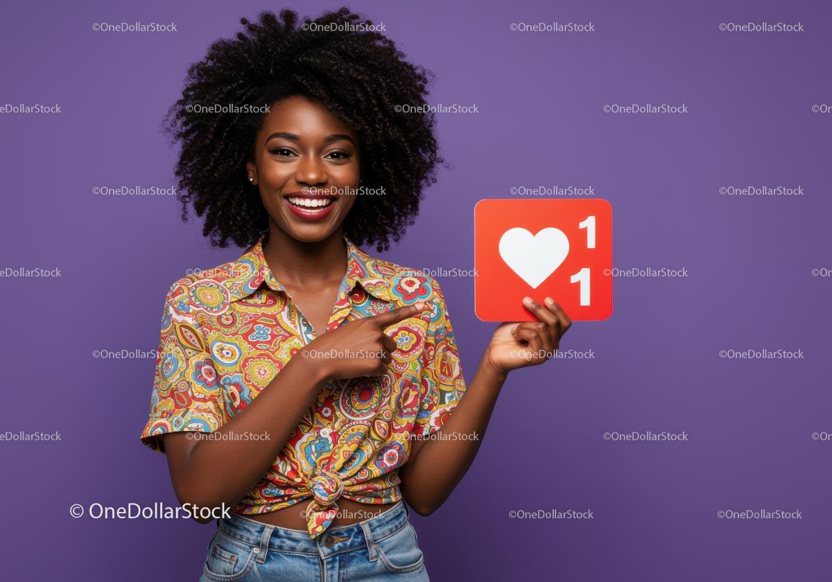 Smiling Woman Holding Heart Sign with Colorful Shirt Against Purple Background Stock Photo Bundle preview 12