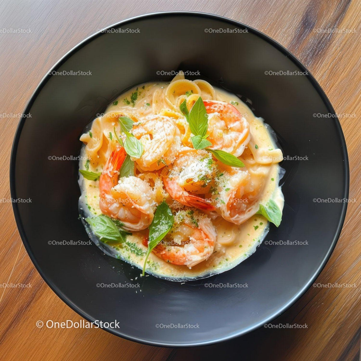 Shrimp Fettuccine Pasta with Basil and Cherry Tomatoes in Creamy Sauce