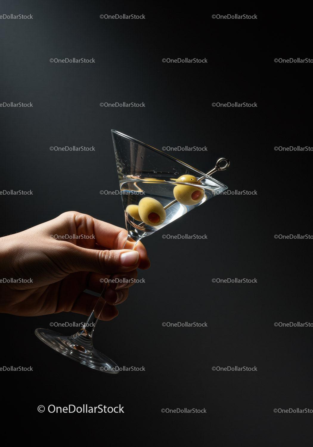 Hand Holding Classic Martini with Green Olives