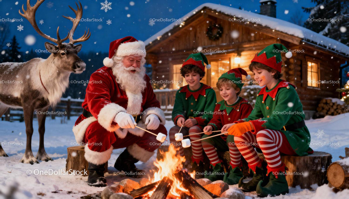 Santa and Elves Roasting Marshmallows by Fire