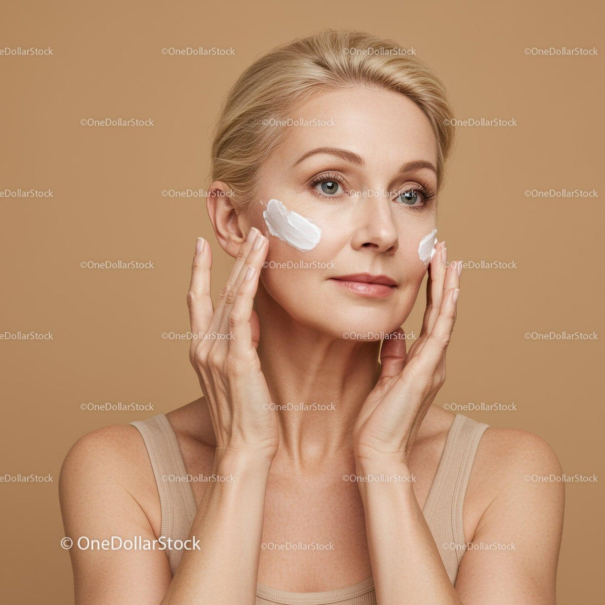 Skincare Woman Applying Facial Cream for Healthy Aging and Rejuvenation