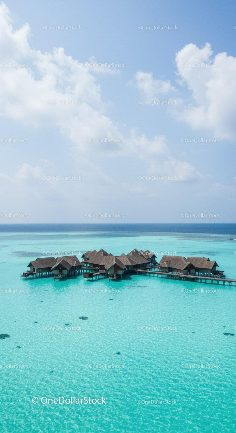 Beautiful Overwater Bungalows in Turquoise Ocean with Clear Sky