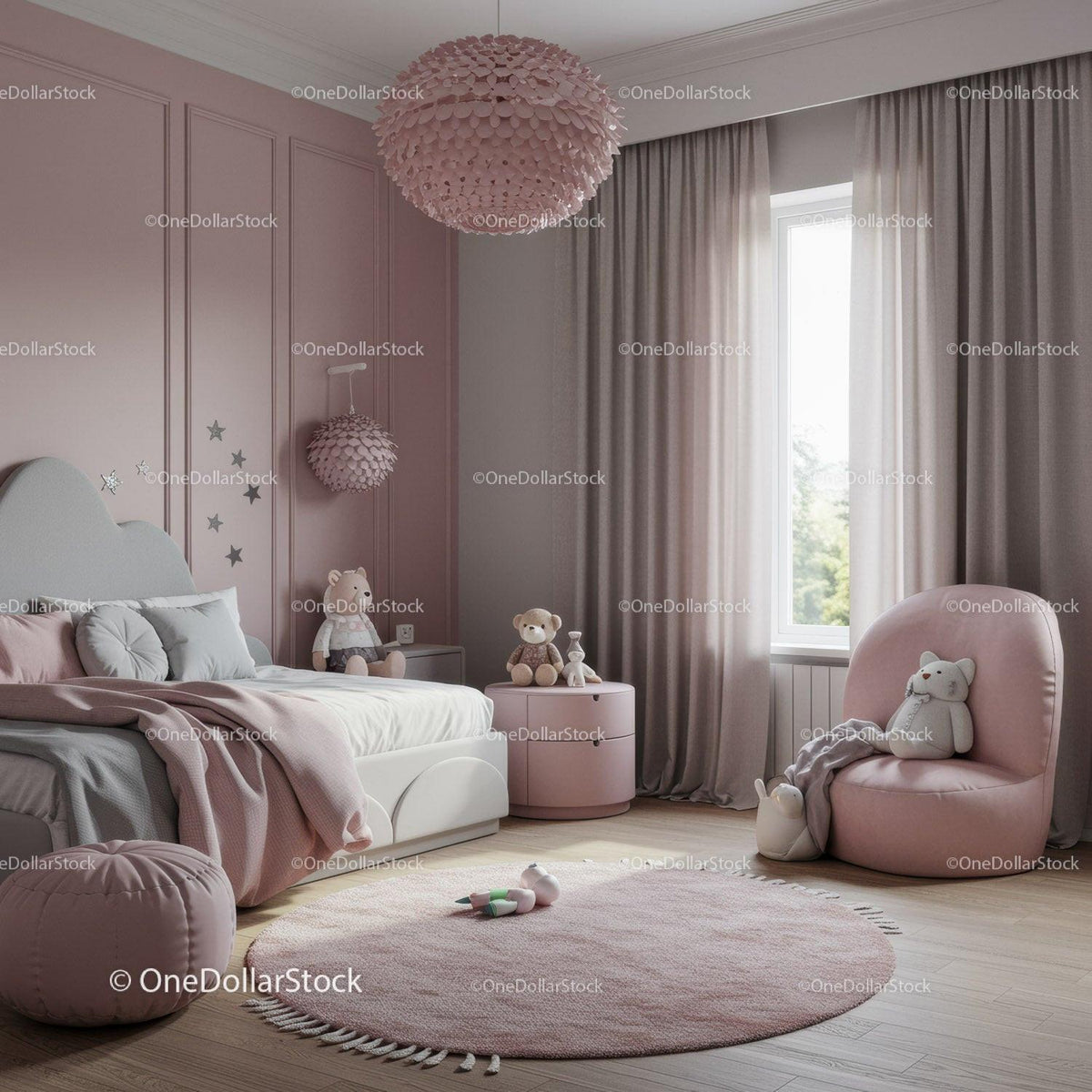 Charming Pink Children's Bedroom Decor with Teddy Bears and Cozy Atmosphere
