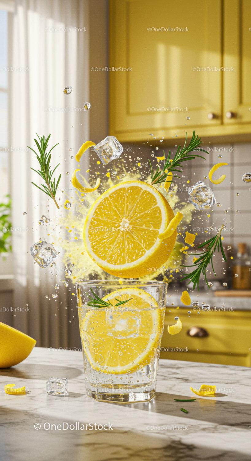 Refreshing Lemon Splash with Ice and Rosemary Herb