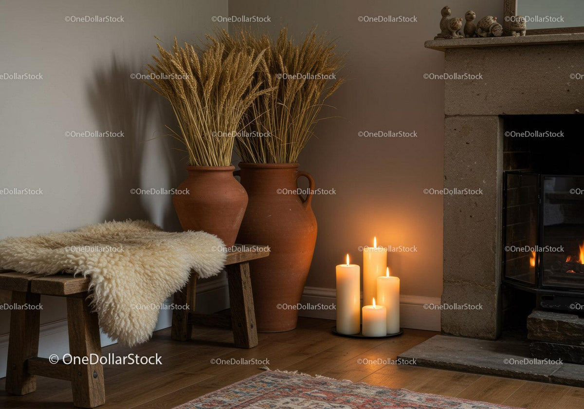 Cozy corner with candles and rustic dried wheat decor