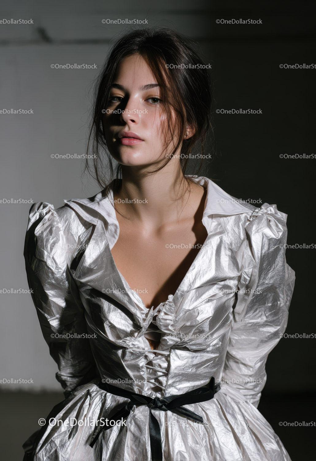 Young Woman Wearing Crinkled Silver Dress in Elegant Fashion