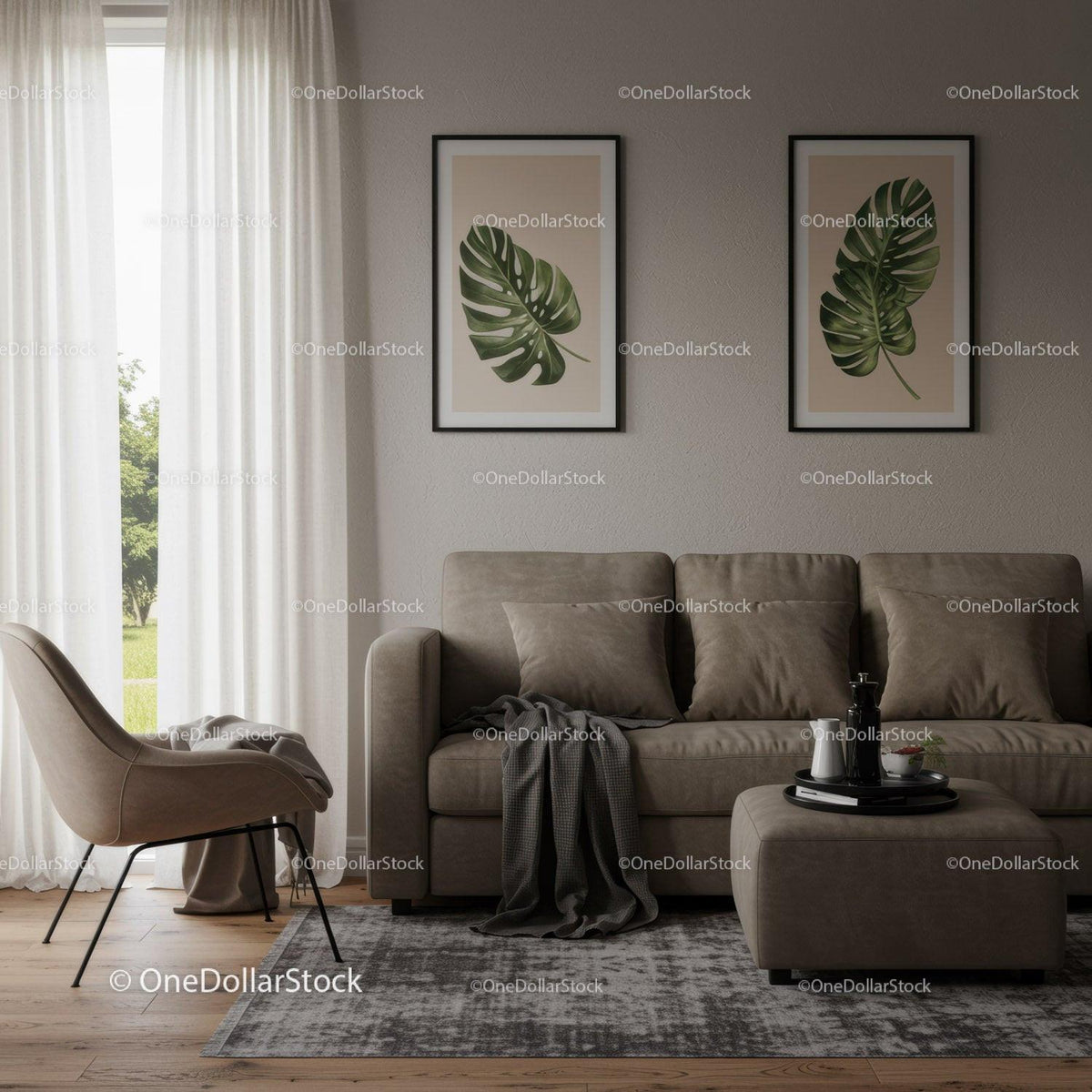 Elegant Living Room with Monstera Leaf Wall Art and Cozy Furniture