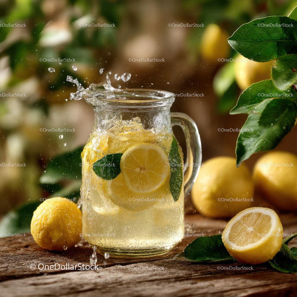 Fresh Lemonade with Sliced Lemons in a Glass Pitcher on Rustic Wooden Surface Stock Photo Bundle preview 6