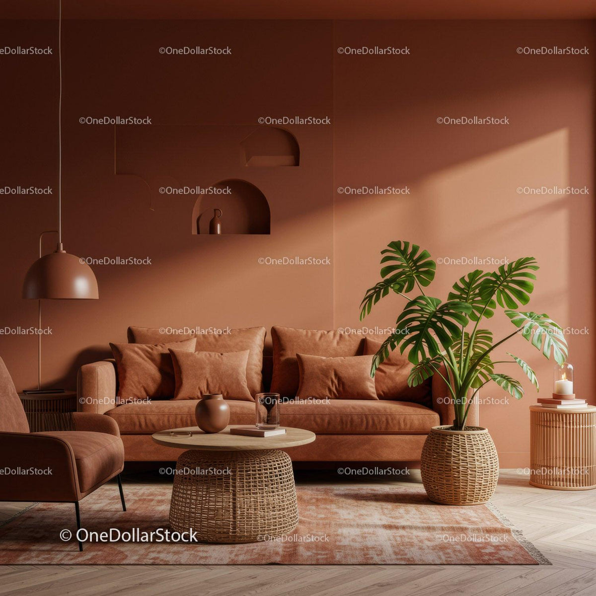 Cozy Modern Living Room with Green Monstera and Rattan Furniture