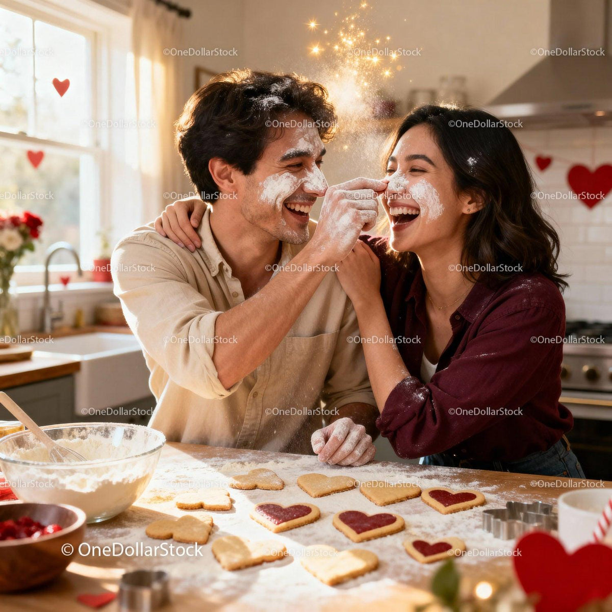 Couple Playfully Baking Heart-Shaped Cookies Together