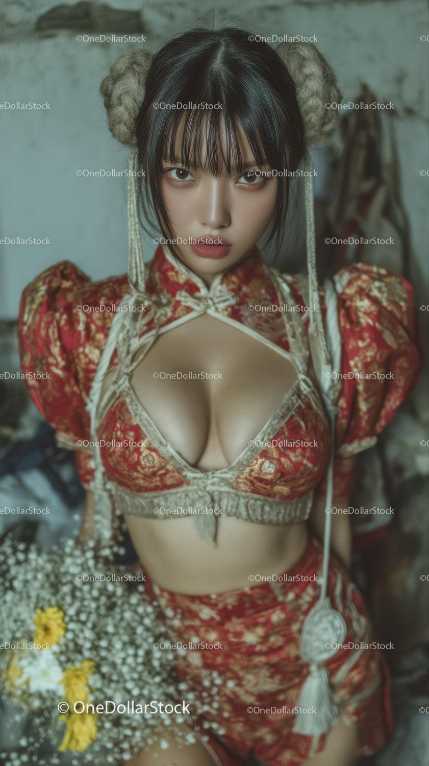 Young Asian Woman in Traditional Red Qipao with Floral Background