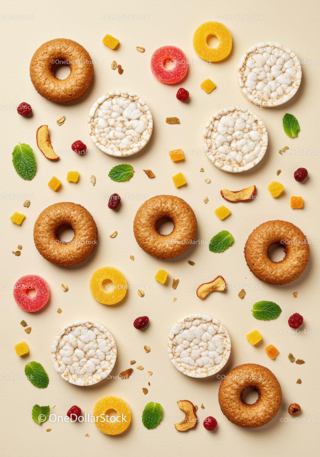 Assortment of Healthy Crispbread and Colorful Candies