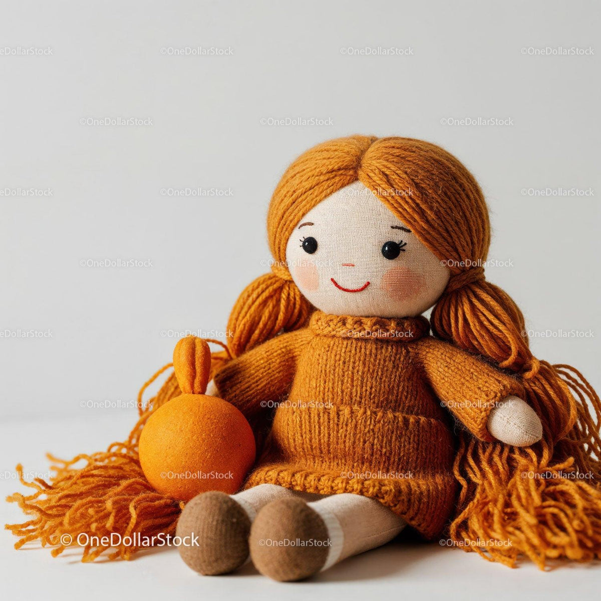 Soft rag doll with orange yarn pigtails sitting and holding round orange accessory