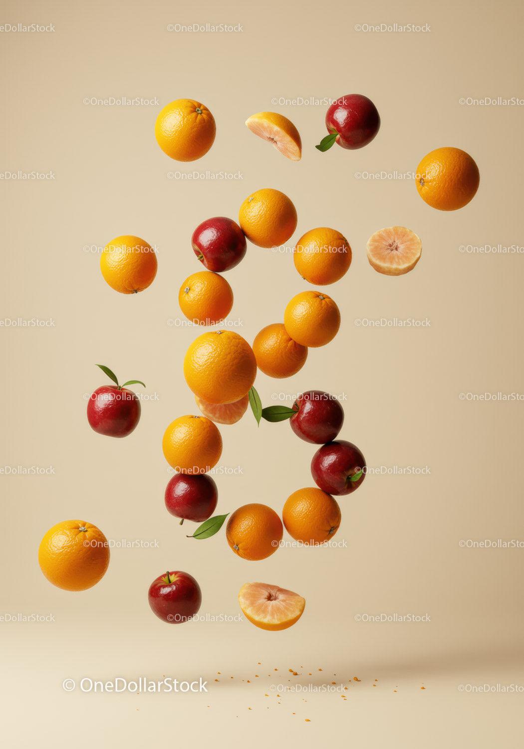 Floating oranges and red apples with leaves on beige background
