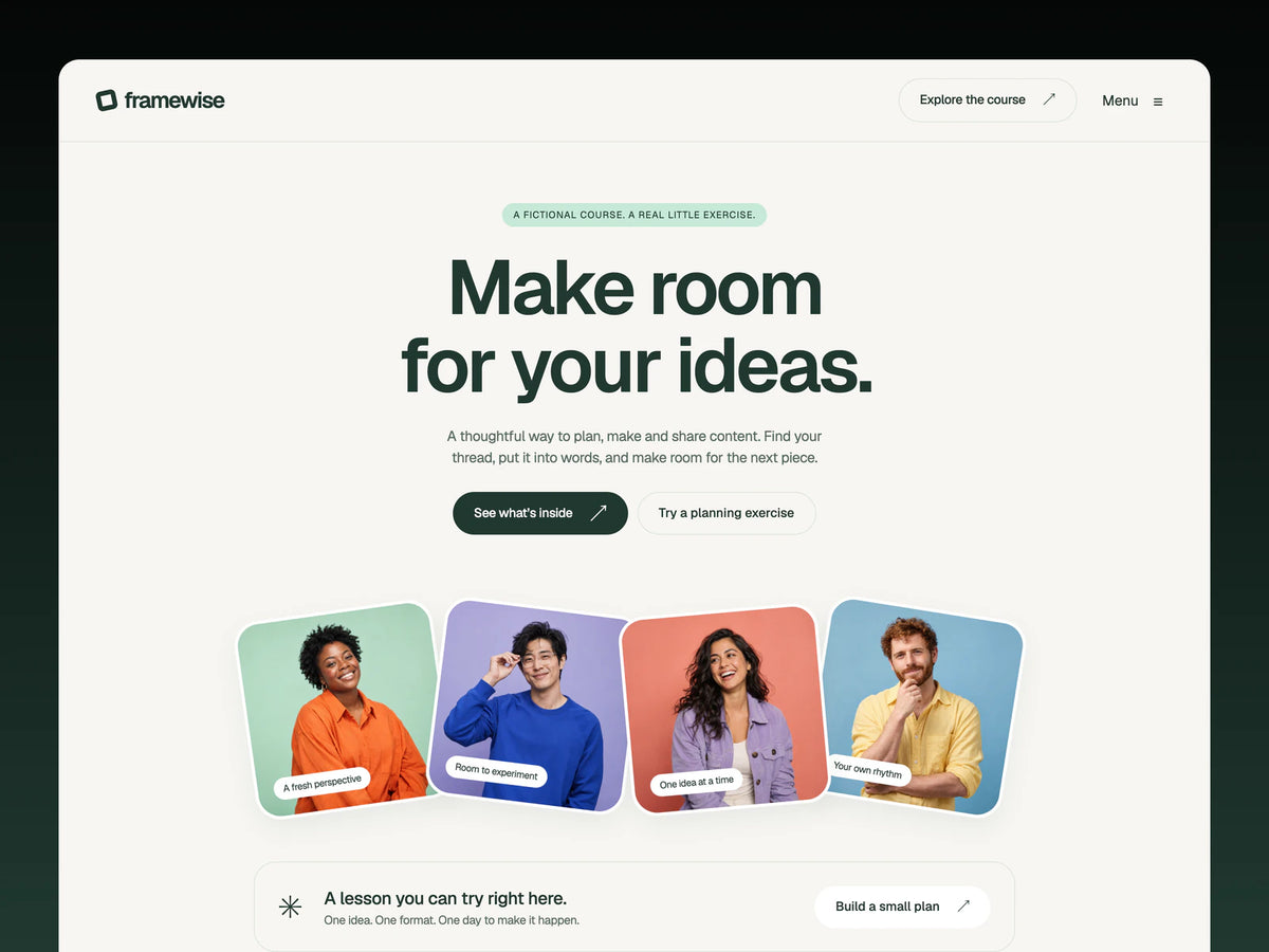 Framewise homepage preview featuring warm off-white surfaces, forest-green typography and mint, lilac, peach and blue accents.