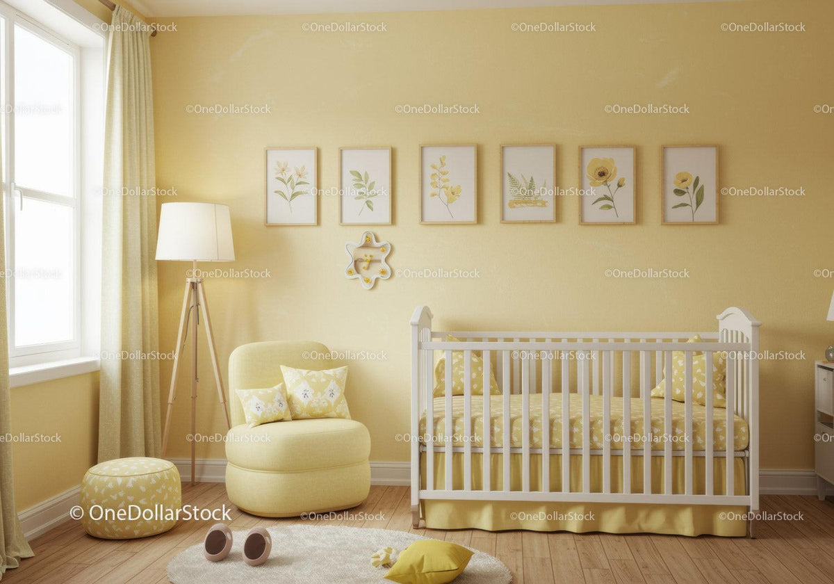 Bright Yellow Nursery with Baby Crib and Floral Wall Art