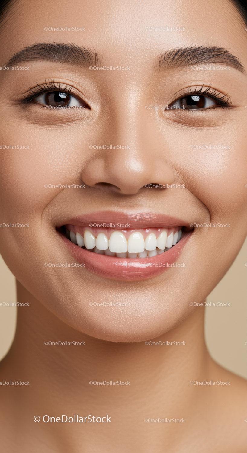 Close up of smiling woman with clear skin and bright teeth