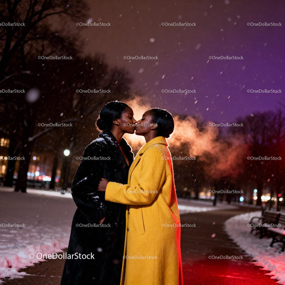 Romantic Winter Kiss Between Two Women in Park