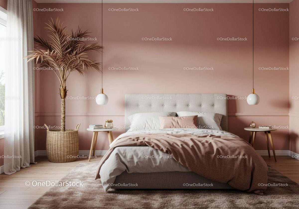 Elegant Modern Bedroom with Pink Walls and Cozy Decor
