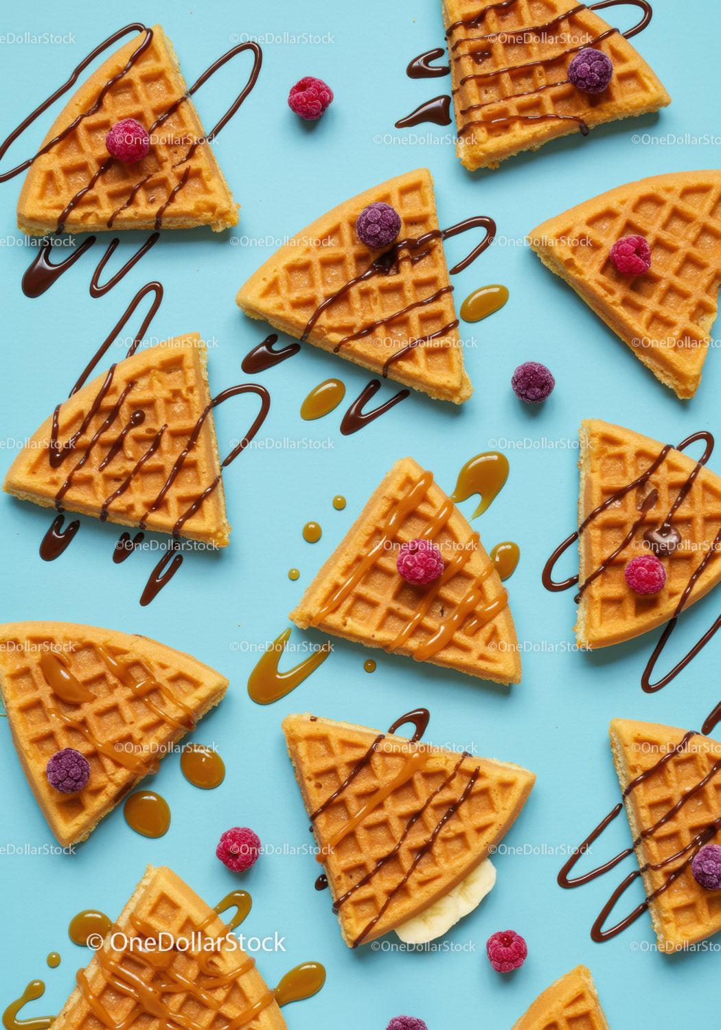 Sweet waffle slices with drizzled chocolate and berries